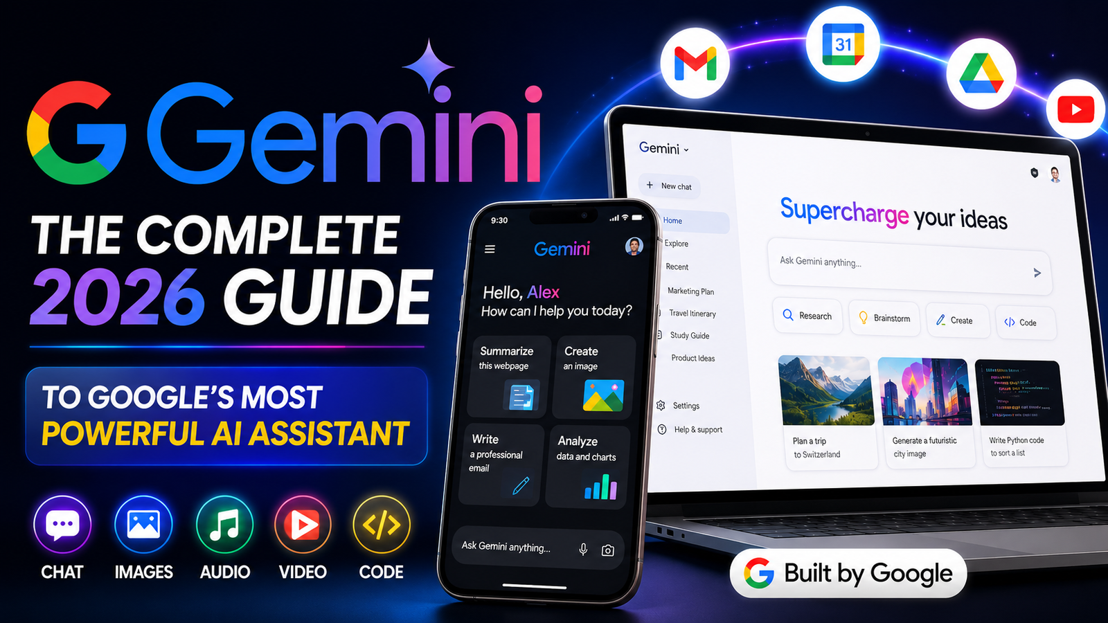 Gemini AI 2026 interface displayed on smartphone and laptop with Google services integration, showcasing chat, image generation, coding, audio, and video capabilities.