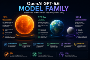 Comparison graphic showing OpenAI's three GPT-5.6 models — Sol, Terra, and Luna — by capability and cost.